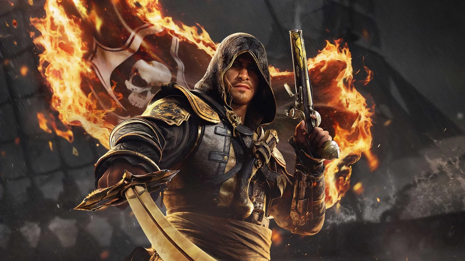 Edward Kenway holds a cutlass and a flintlock in front of a burning pirate flag