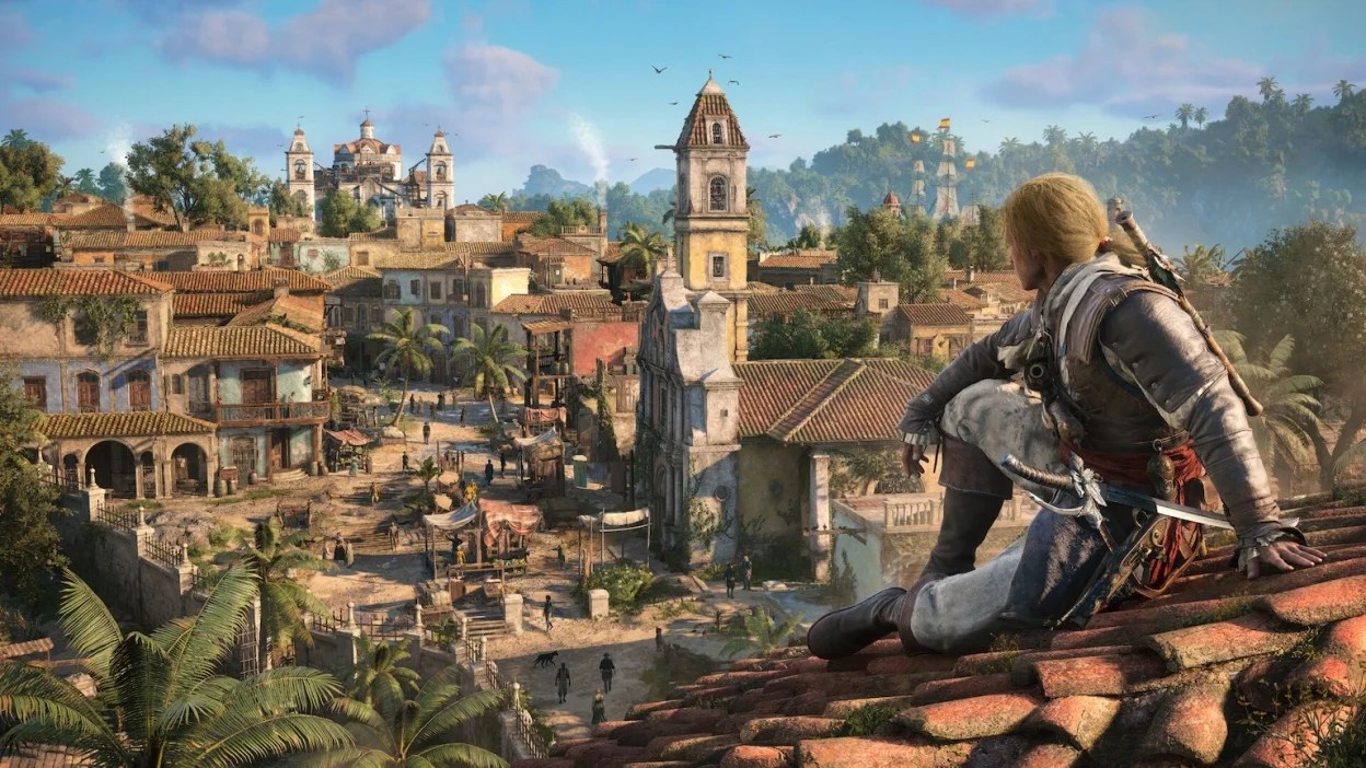 Edward Kenway looks over a Caribbean colonial city from the rooftops