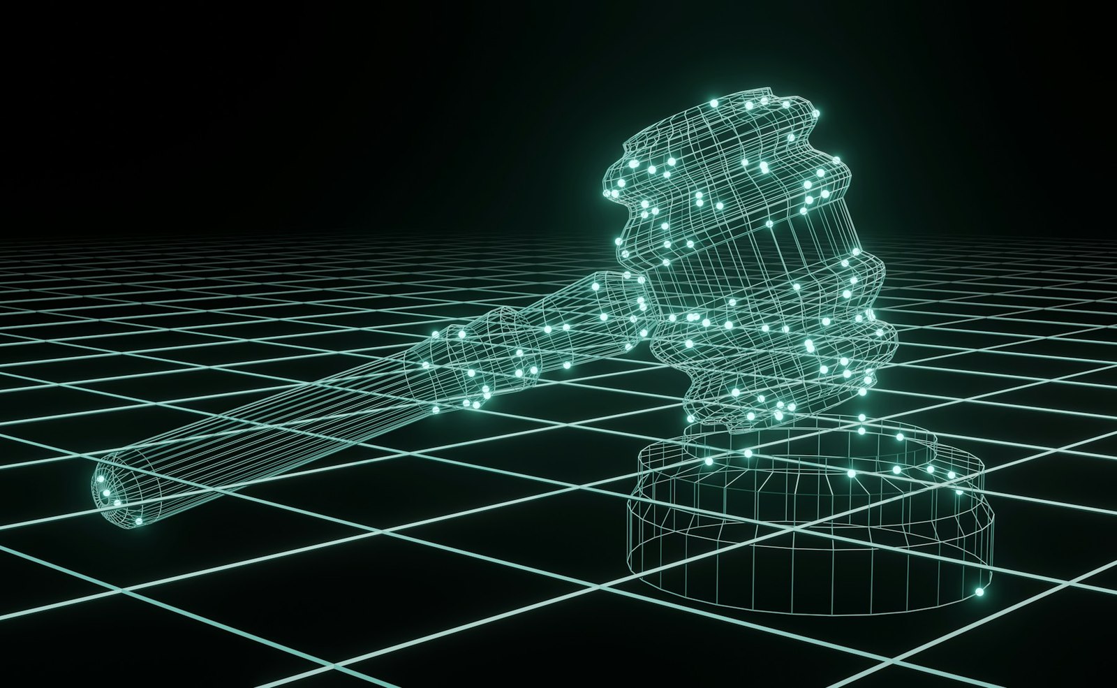 Judge's gavel represented over a digital grid