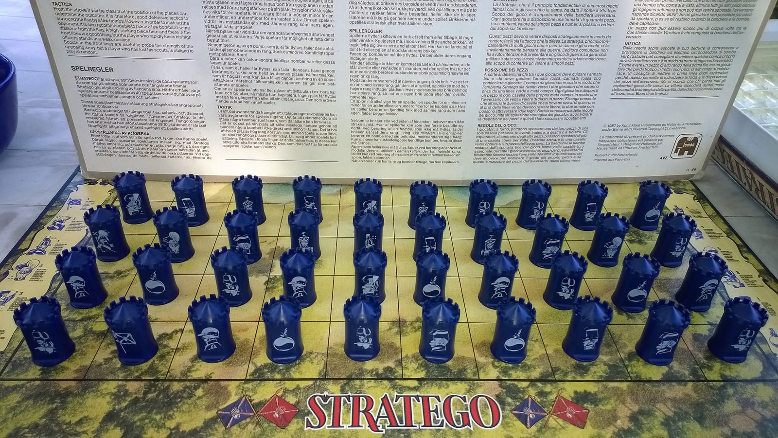 Blue Stratego pieces with identities visible from their owner’s side, in an illustrative photograph from 2015