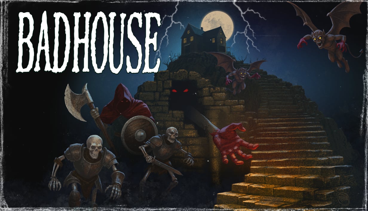 Título de Bad House junto a una casa bajo la luna, escaleras, esqueletos y criaturas aladas en el arte oficial