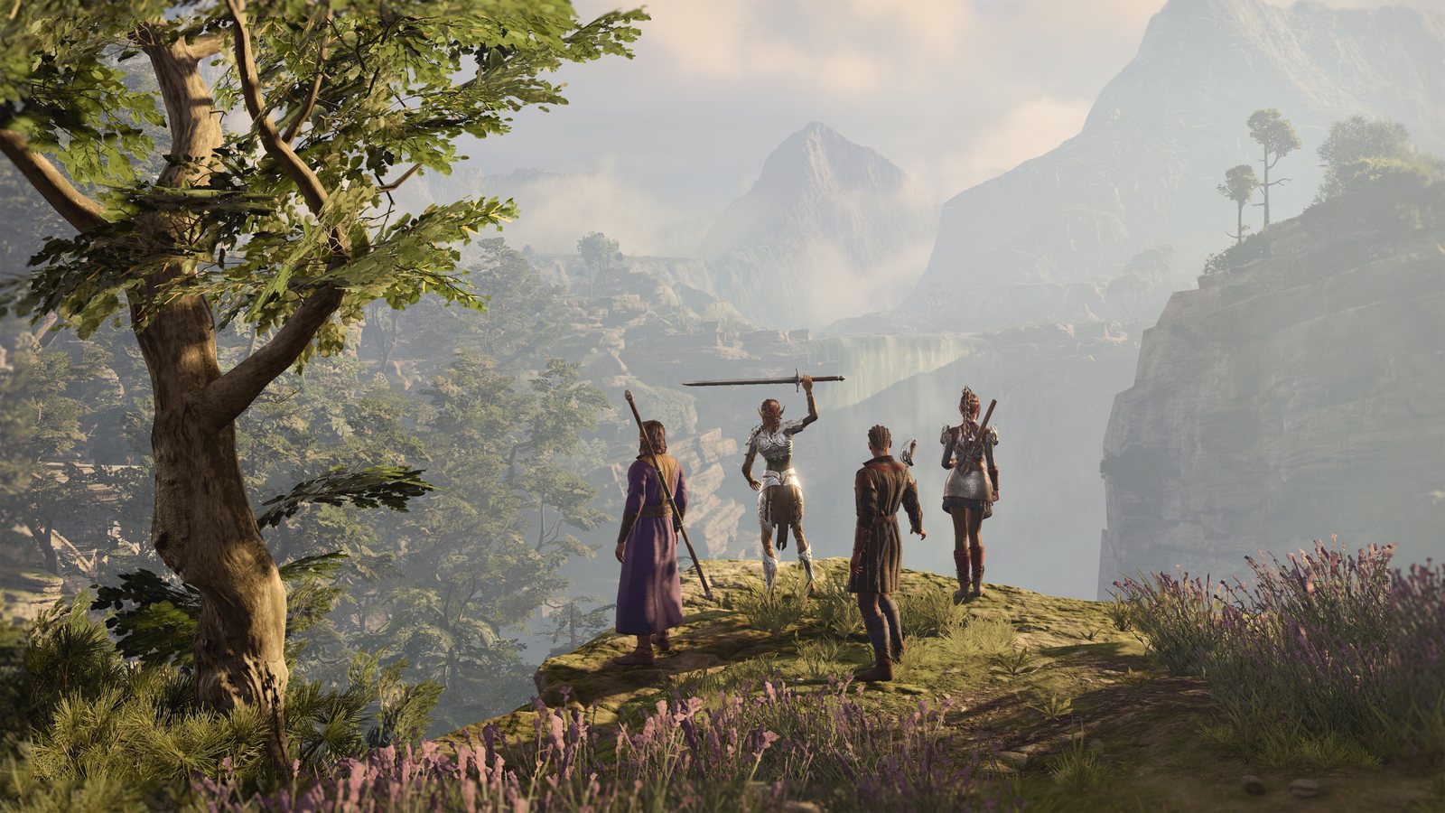 Baldur's Gate 3 key art with the party of heroes and a mind flayer in the background