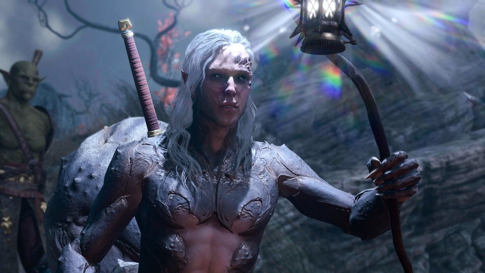 A Baldur's Gate 3 hero holds a lantern in a gloomy wasteland