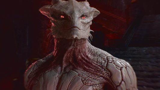 Close-up of a red-eyed dragonborn in Baldur's Gate 3