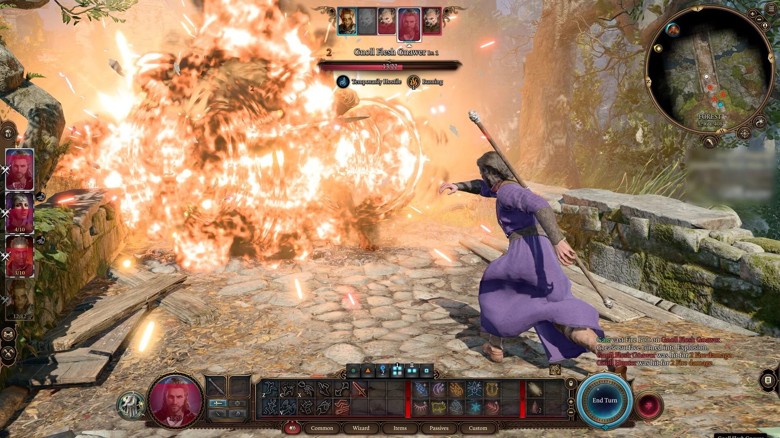 Gale casts a fiery explosion at a gnoll during a Baldur's Gate 3 battle