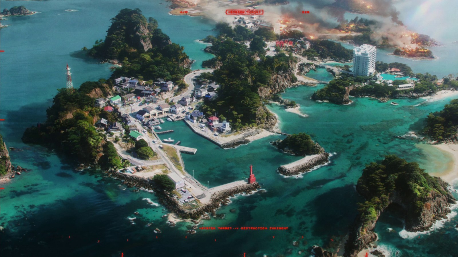 Aerial view of the rebuilt Wake Island in Battlefield 6, with the coastal village burning in the background