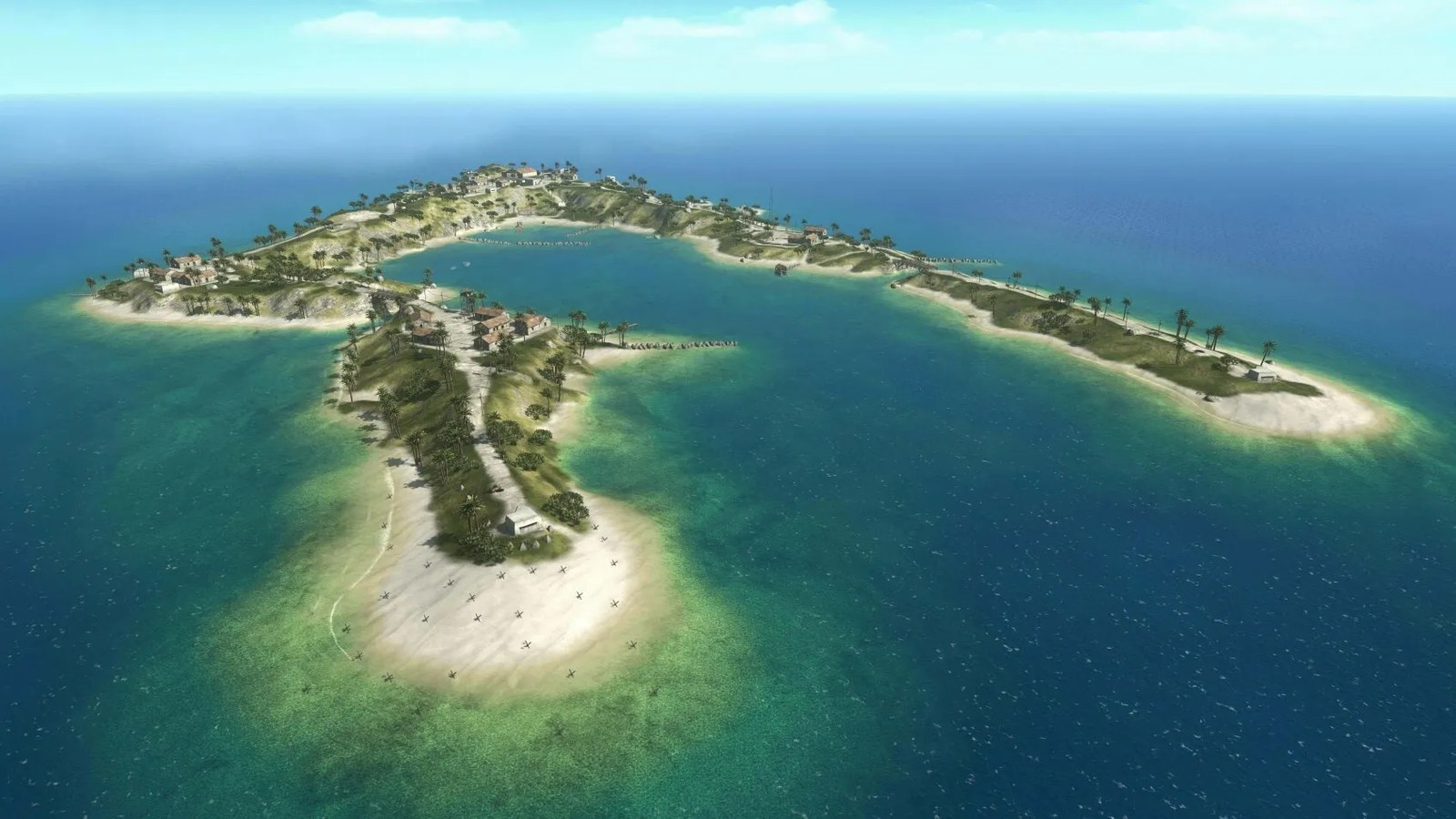 Wake Island original en Battlefield 1942, con su atolón en forma de herradura visto desde el aire