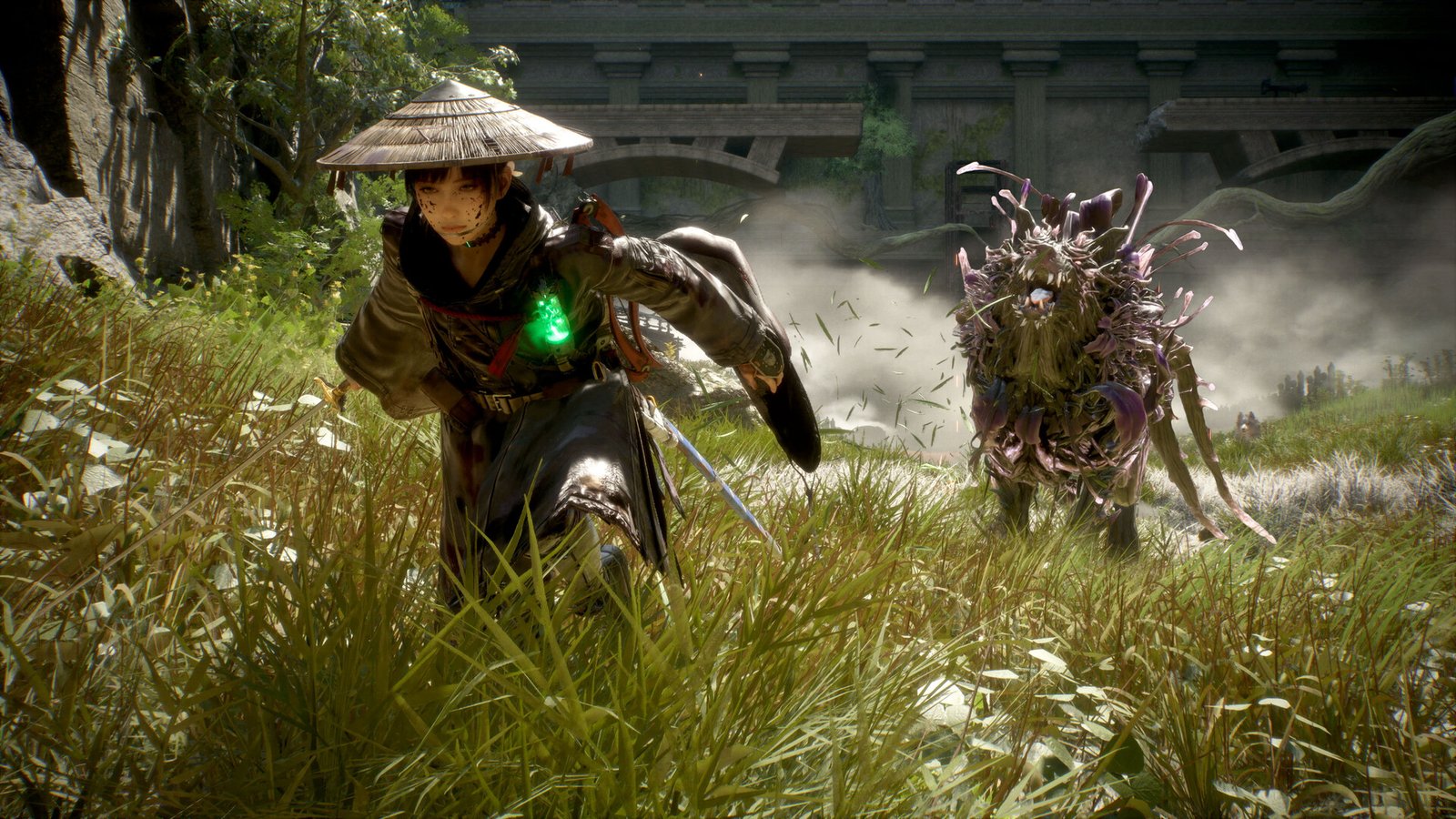 Emma runs through tall grass, sword in hand, chased by a creature covered in roots and purple flowers