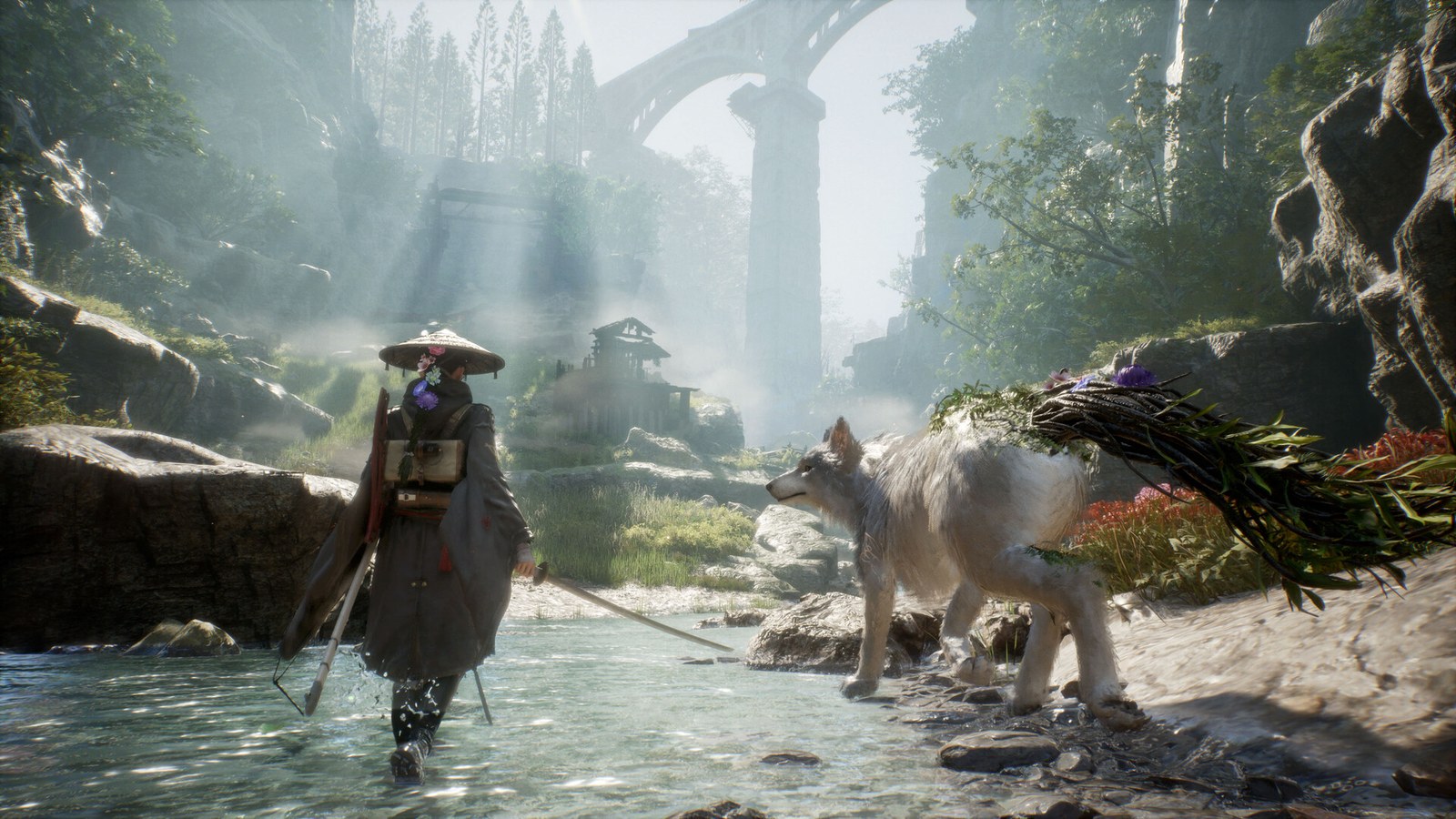 Emma wades through a river in her straw hat as Koo, a huge white dog with plants growing on its back, walks beside her beneath a ruined bridge