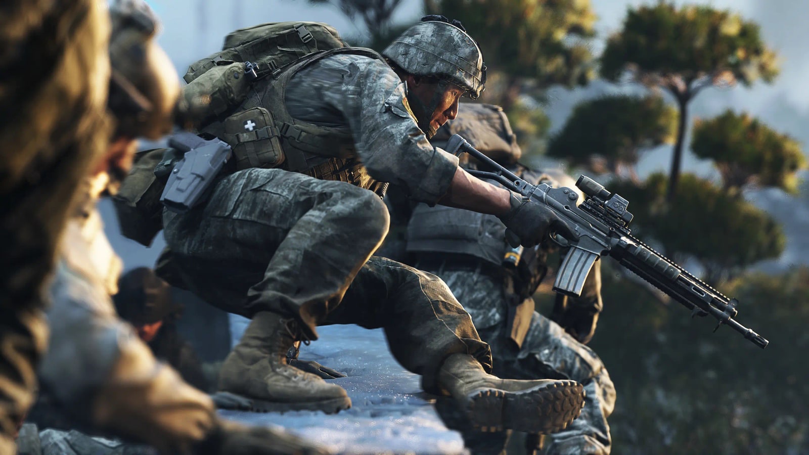 A soldier crouches forward during Modern Warfare 4's Entrenched campaign mission