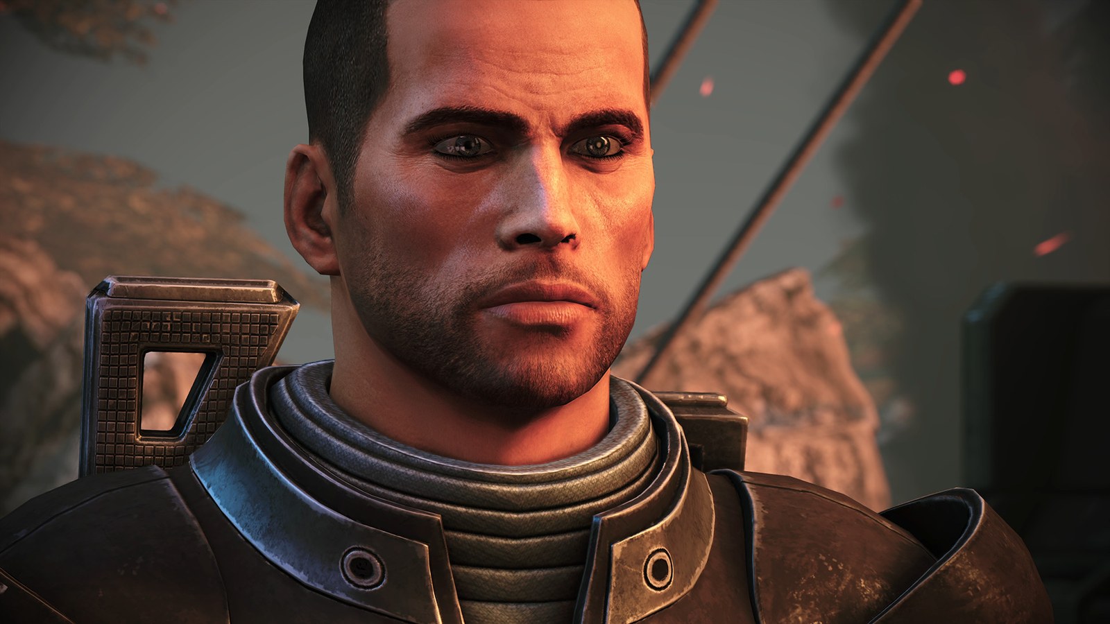 Close-up of Commander Shepard in armor in Mass Effect Legendary Edition