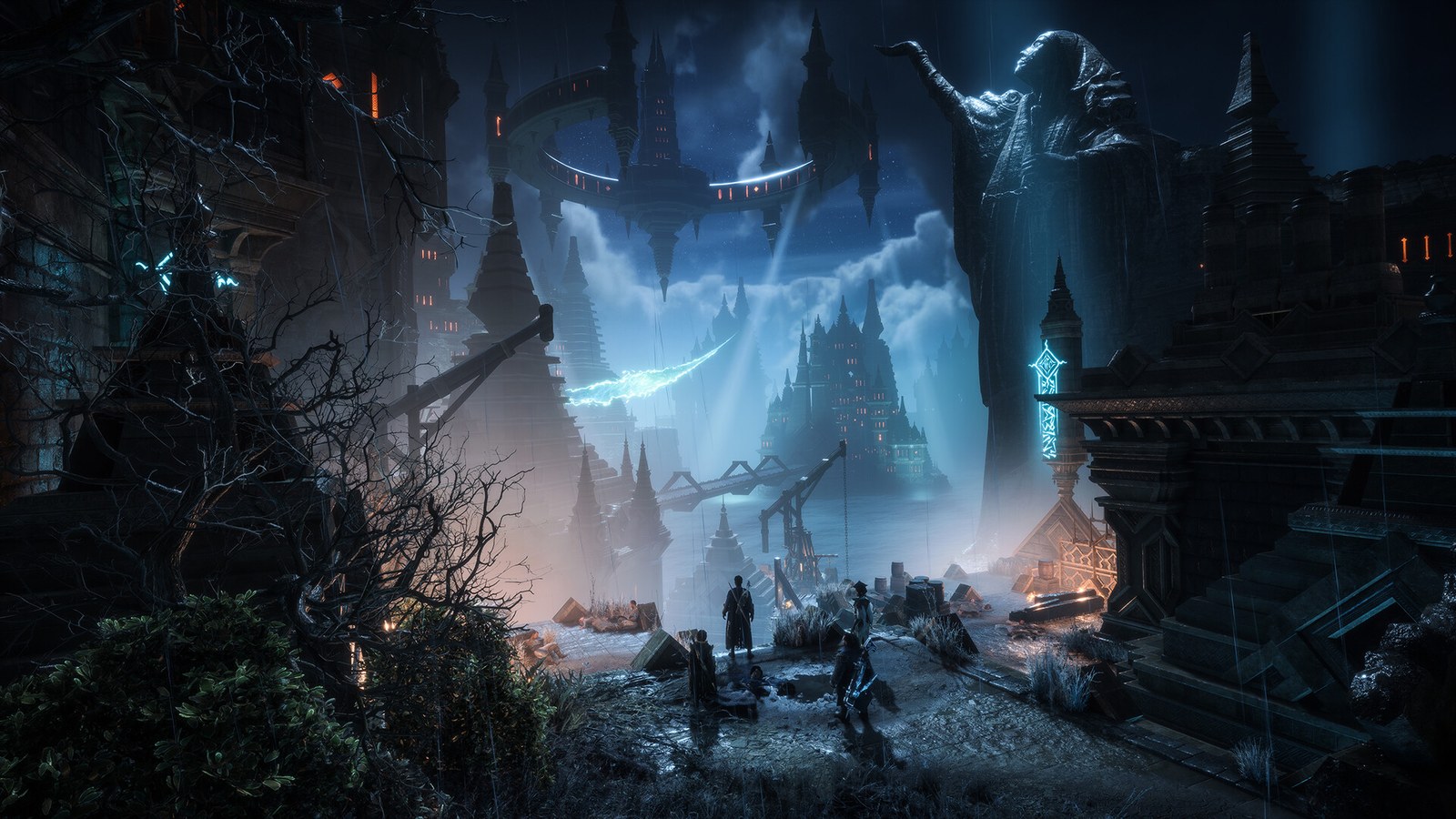 Three characters walk down a ruined street toward the towering city of Minrathous in Dragon Age: The Veilguard