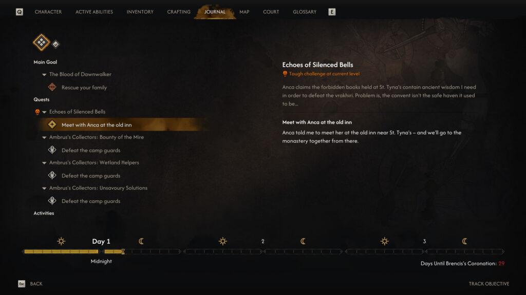 The Blood of Dawnwalker quest journal showing its timeline and 29 days remaining