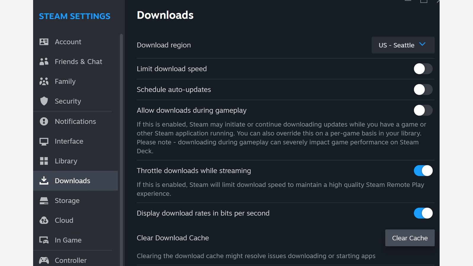 Steam Downloads settings with the Clear Cache button highlighted