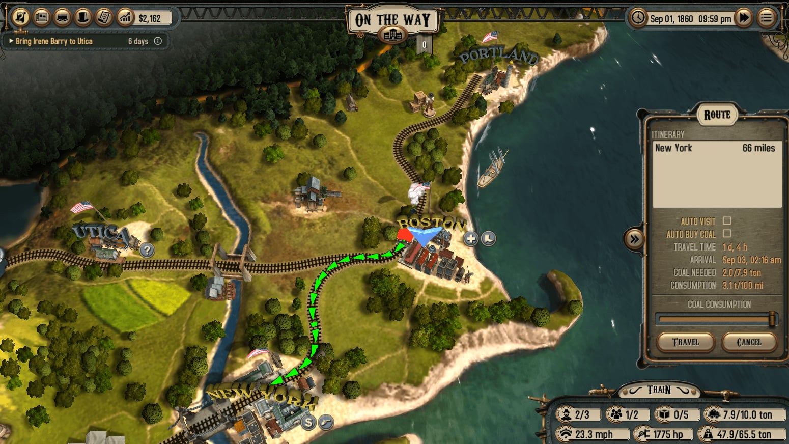Mapa de Bounty Train con una ruta desde Boston y su consumo de carbón, captura oficial de marzo de 2017