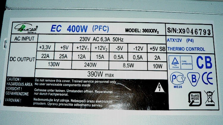 An older Eurocase power supply label showing the model and electrical ratings as an identification example