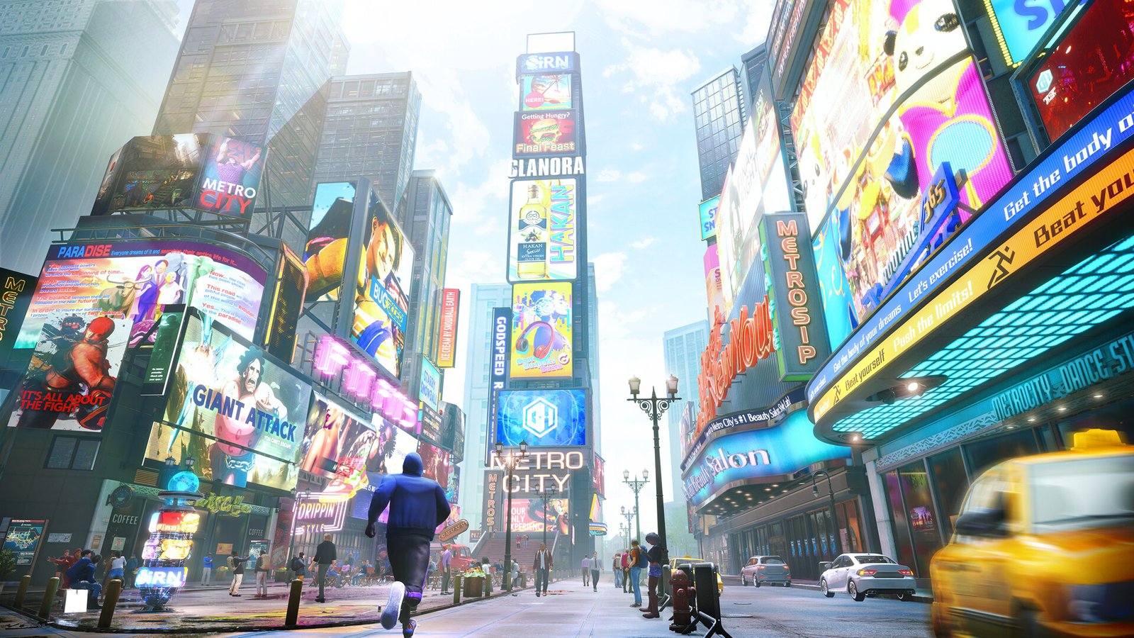 A character runs through the screen-lined streets of Metro City in Street Fighter 6's World Tour mode