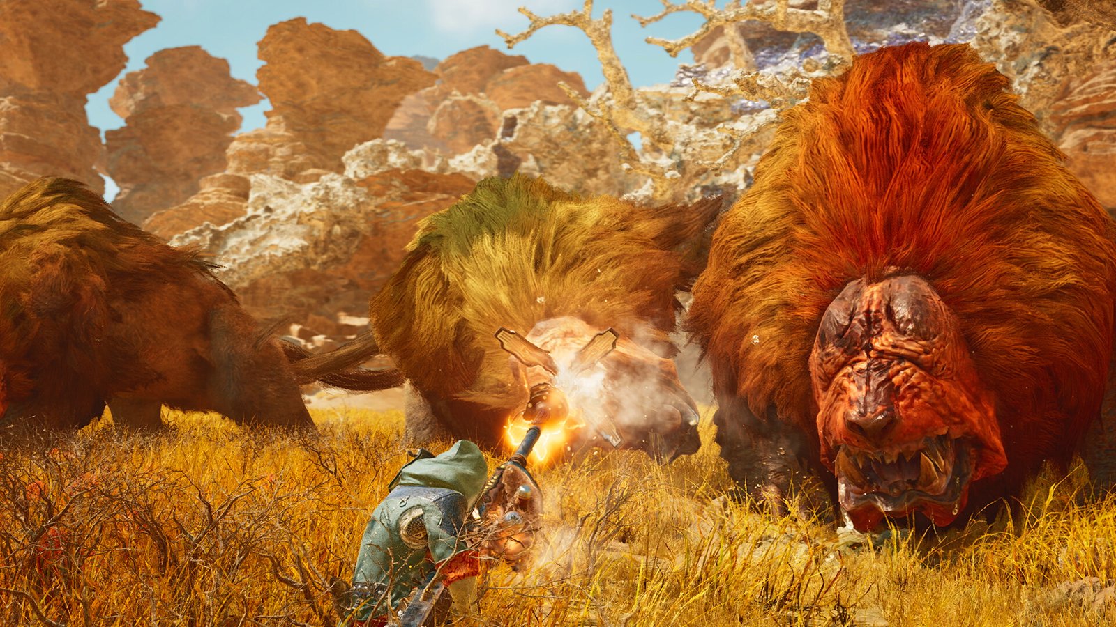 A hunter fires at a huge red-maned monster on a grassy plain in Monster Hunter Wilds
