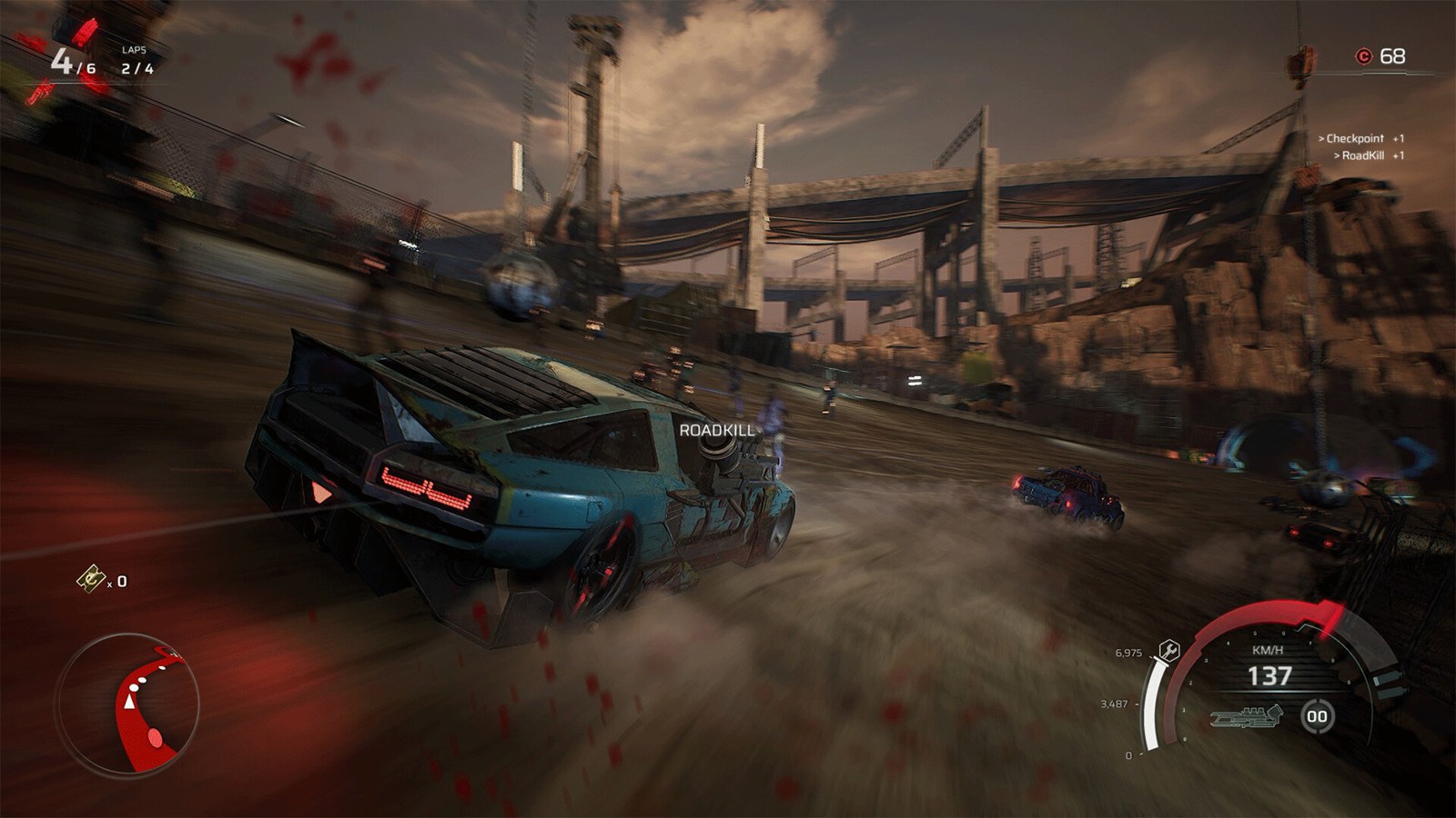 An armed car drifting among rivals in Carmageddon: Rogue Shift