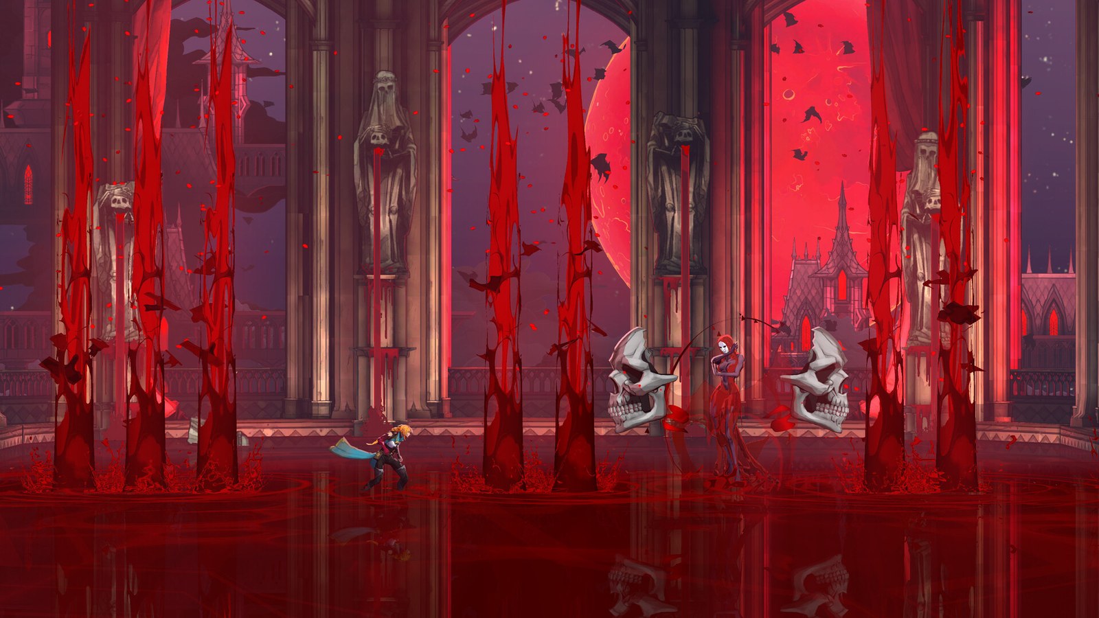 Combate entre columnas y ventanales rojos en Castlevania Belmont’s Curse