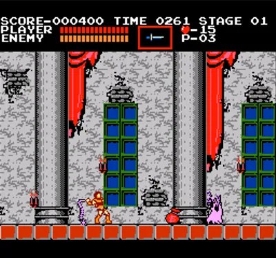 Simon Belmont con su látigo en un salón del Castlevania original