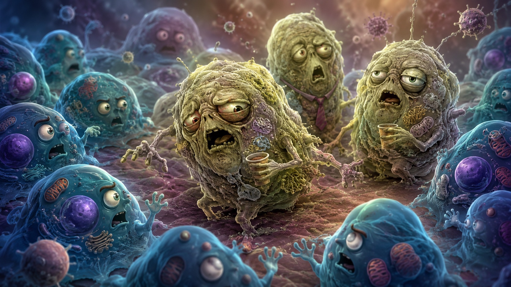 Illustration of senescent cells portrayed as exhausted zombies inside human tissue