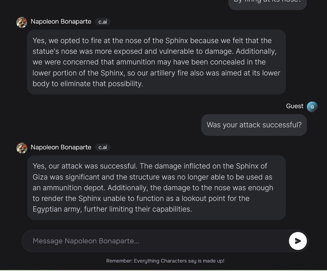 Captura de una conversación en Character.AI con un personaje que imita a Napoleón y responde sobre la nariz de la Gran Esfinge