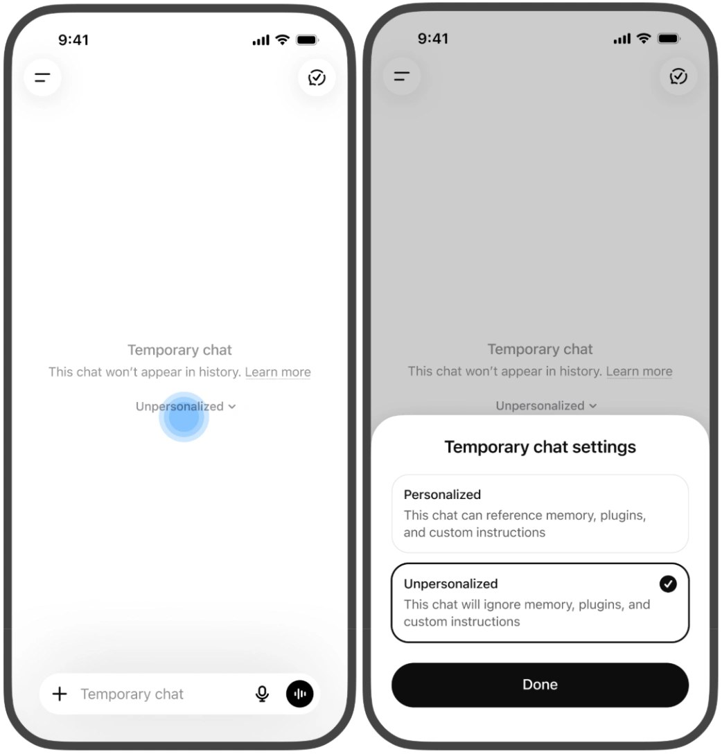 Dos pantallas móviles de ChatGPT con el chat temporal y sus opciones de personalización