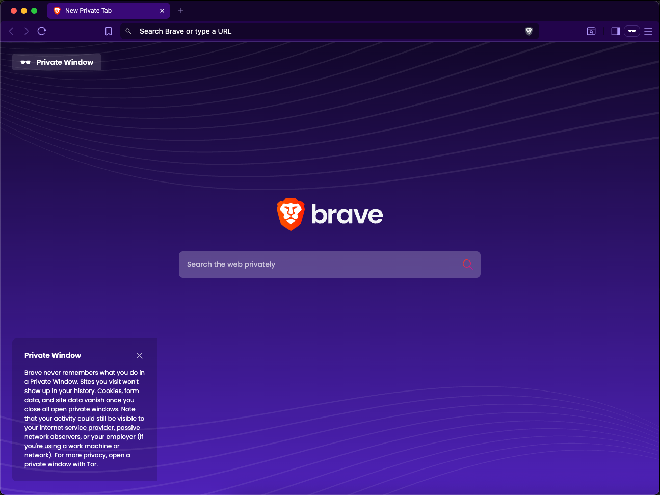 Nueva pestaña de una ventana privada del navegador Brave