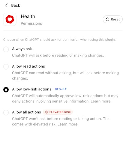 Opciones de permisos de Health, con acciones de bajo riesgo como ajuste predeterminado y Preguntar siempre como alternativa