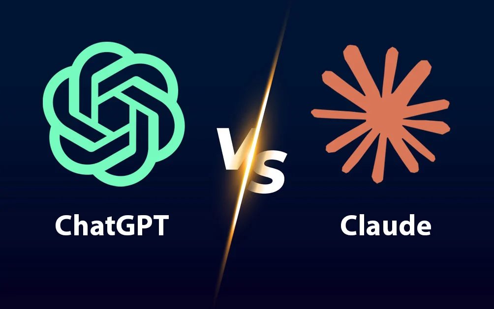 Los logotipos de ChatGPT y Claude enfrentados con un «VS» dorado en el centro