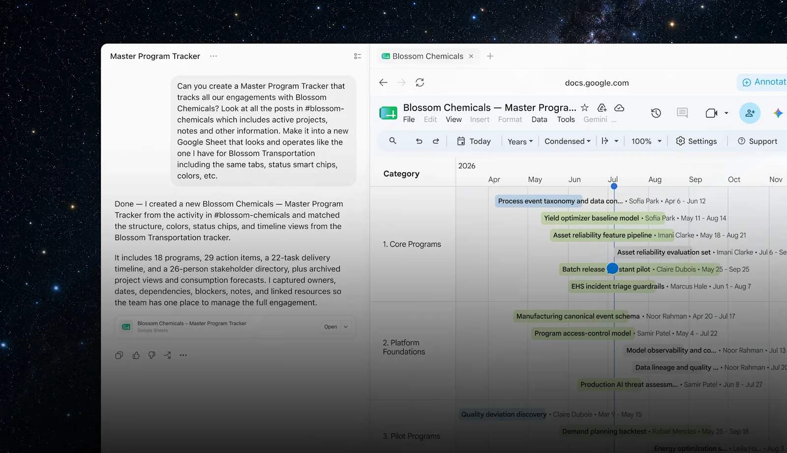 ChatGPT Work crea un calendario de proyecto dentro de una cuenta de Google Sheets abierta en el navegador integrado