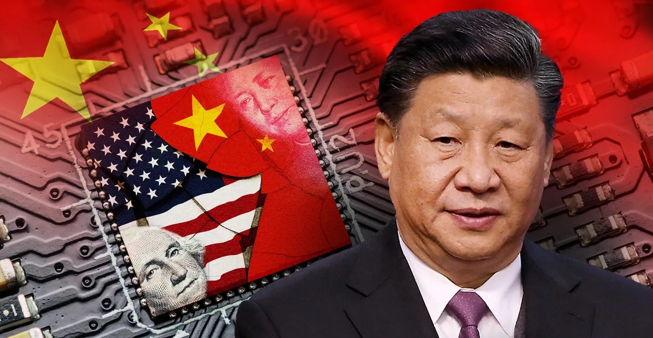 Photo illustration of Xi Jinping over a circuit board with the Chinese and American flags