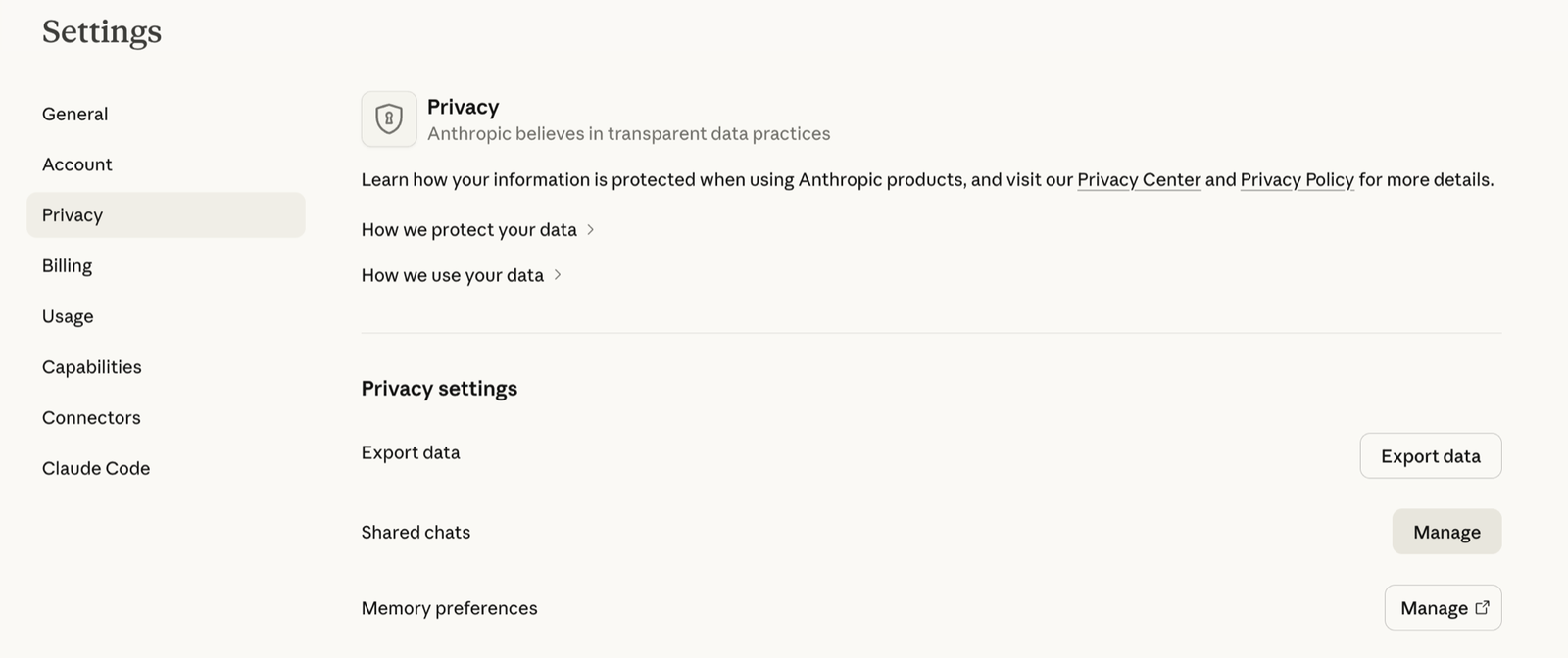 Claude's official privacy screen showing the shared chat management control