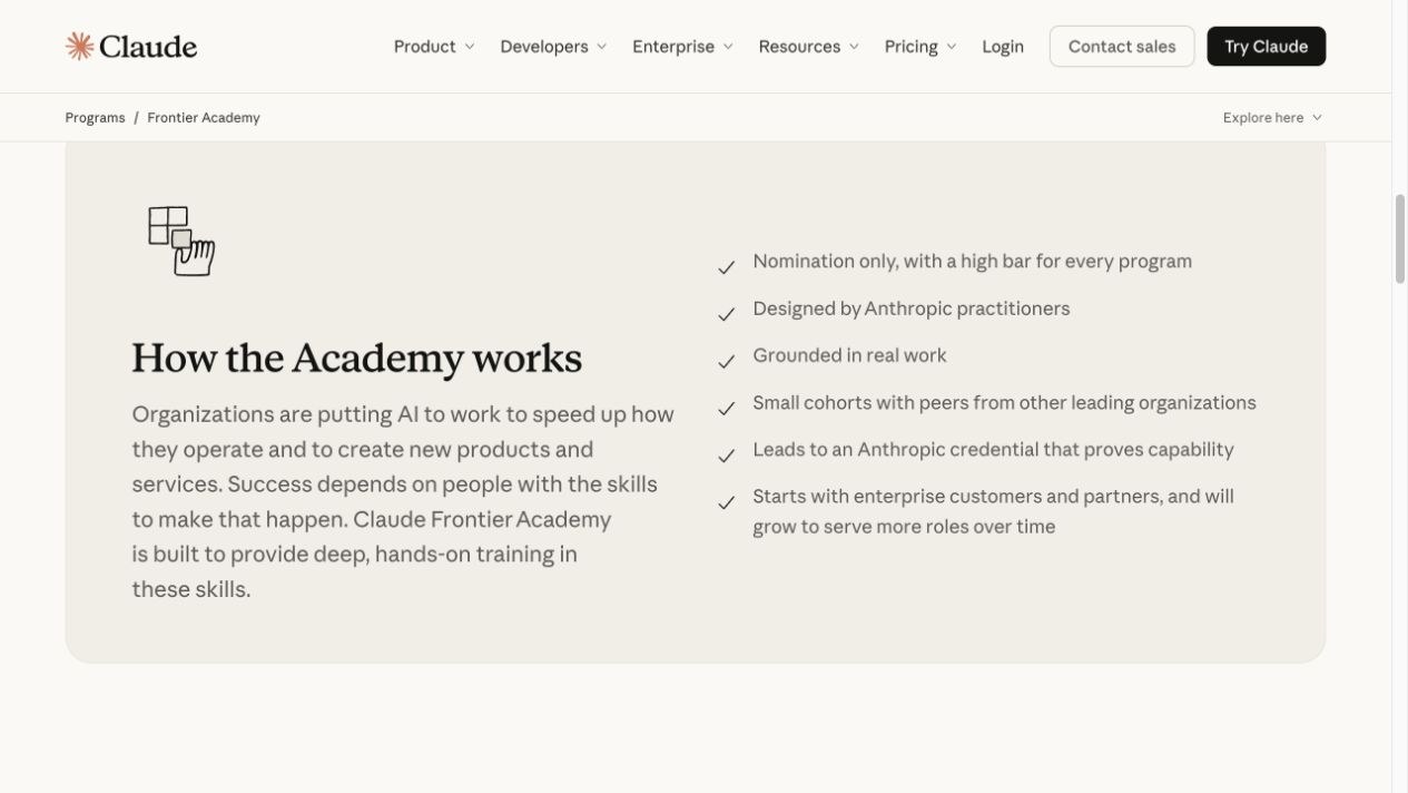 La web de Anthropic explica que Frontier Academy funciona por nominación