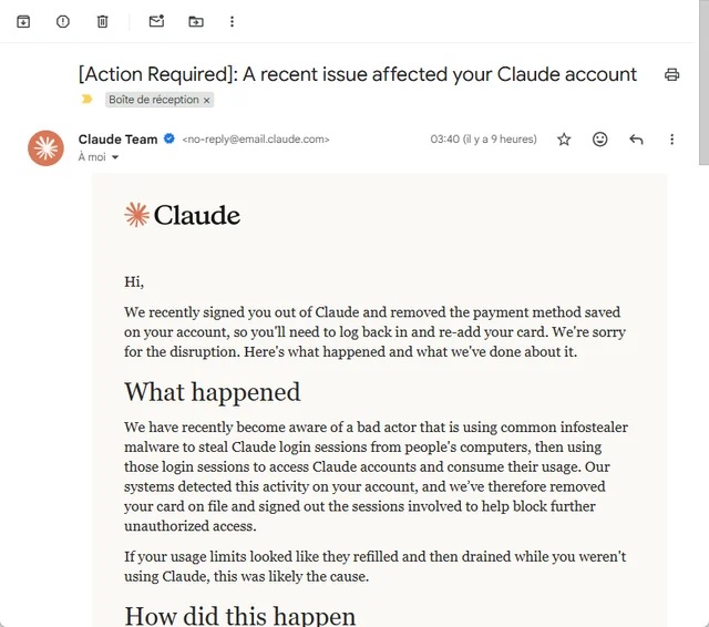 Correo de Anthropic que avisa a un usuario del robo de su sesión de Claude