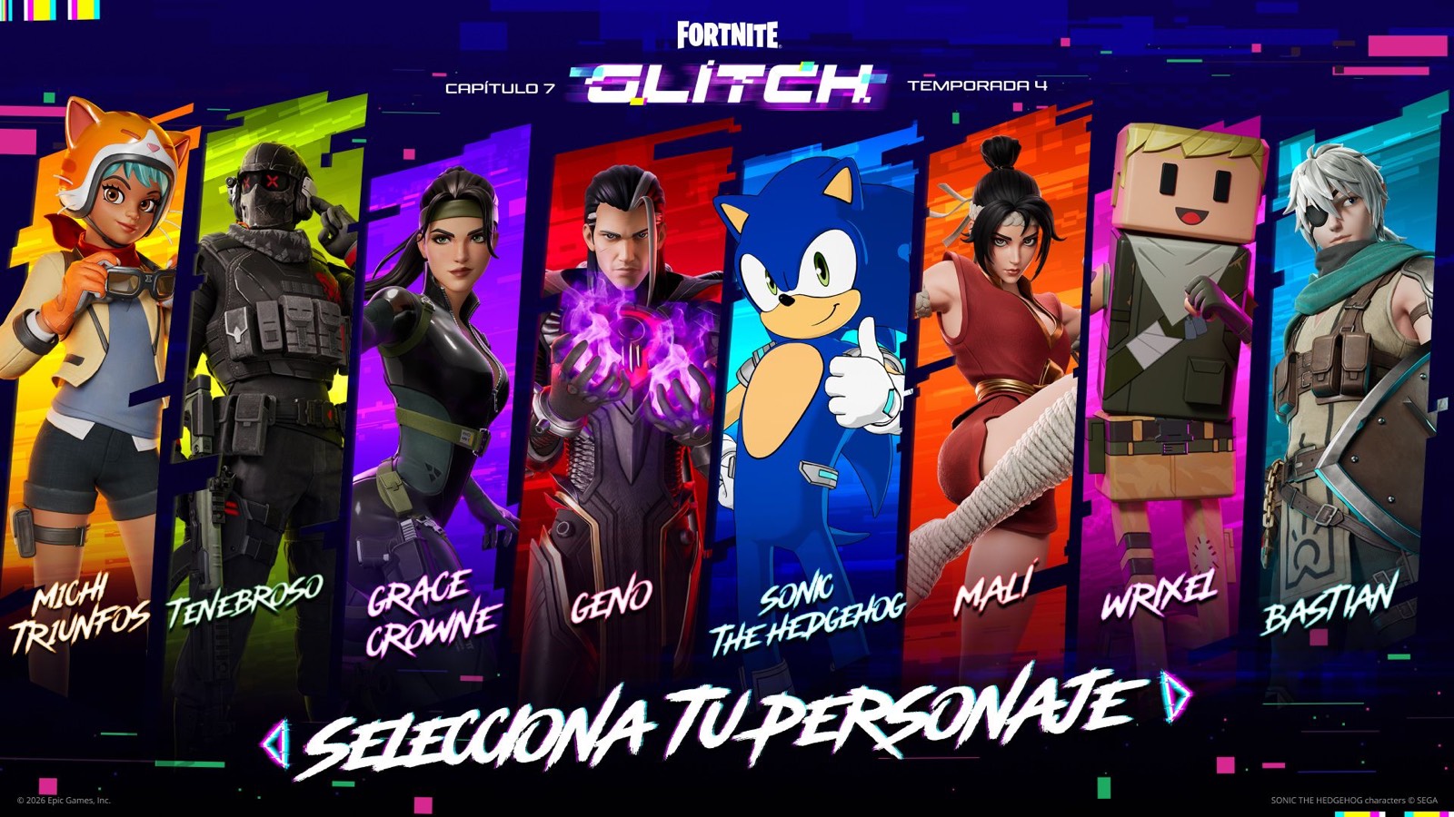 The eight Fortnite Override Battle Pass characters, with Sonic in the centre and the Spanish Choose Your Character tagline