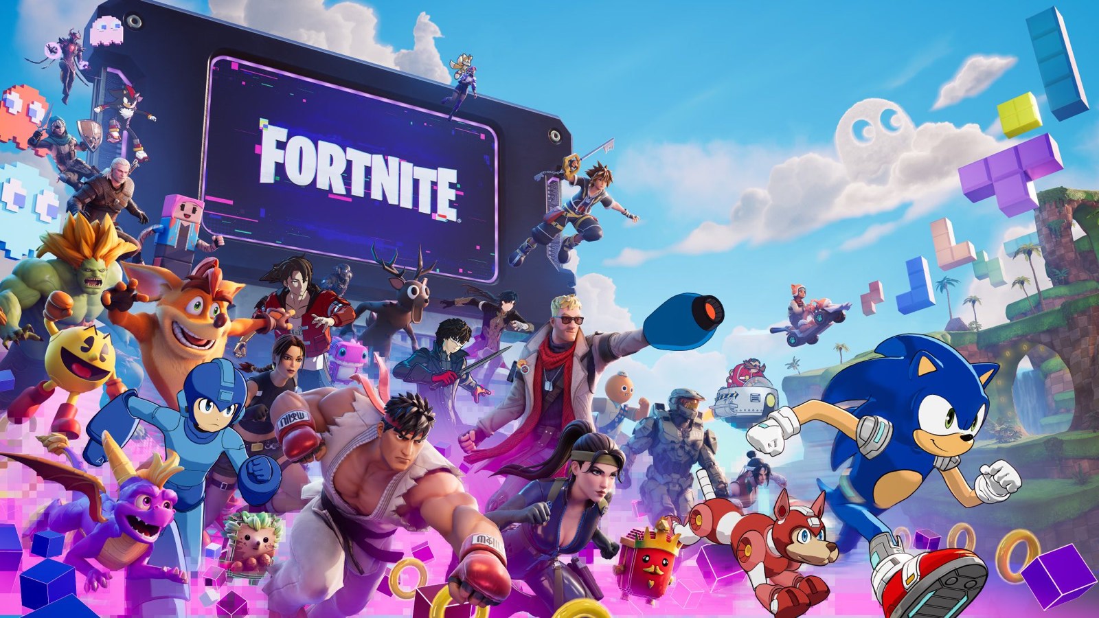 Arte de Fortnite Capítulo 7 Temporada 4 Glitch con Sonic, Mega Man, Pac-Man, Crash, Spyro y otros personajes frente al panel Override