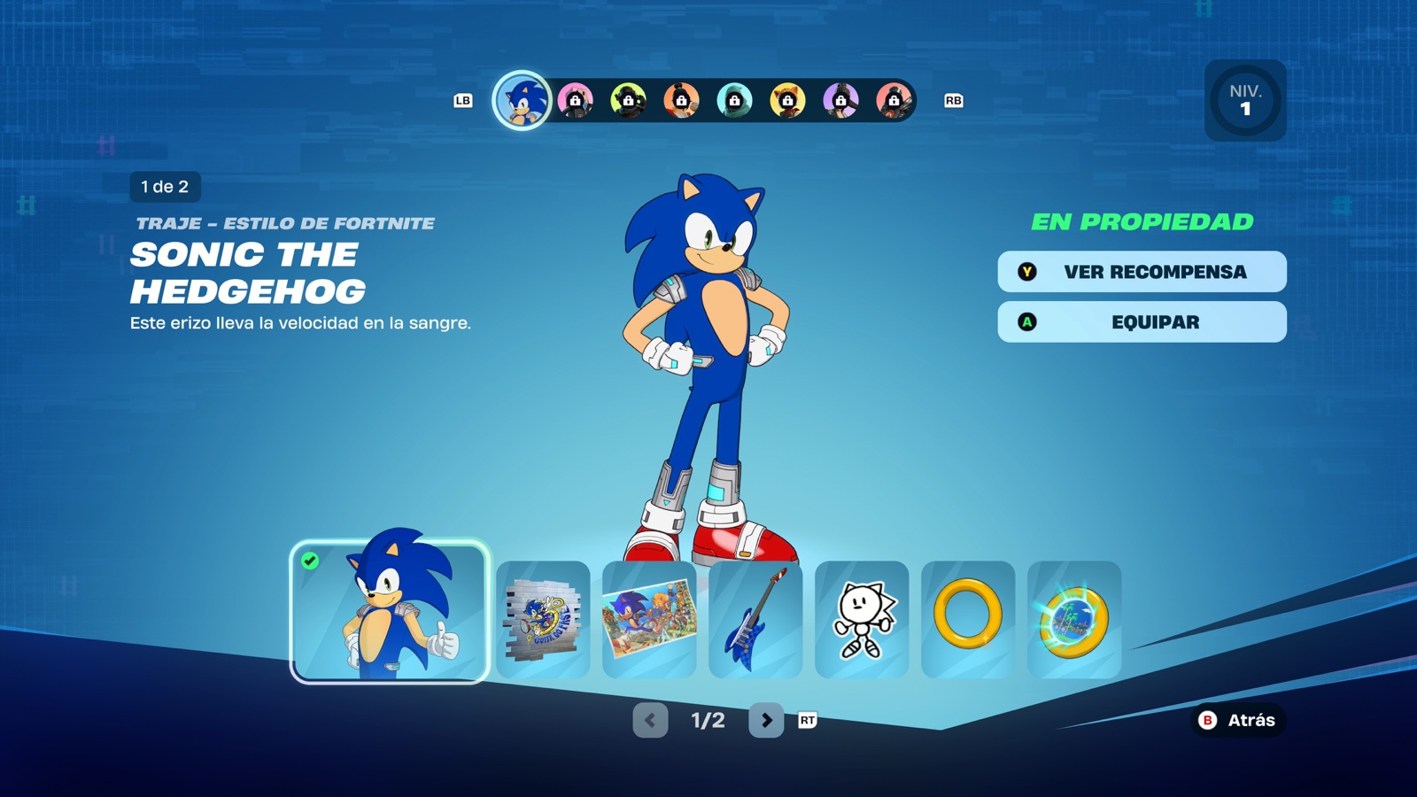 Fortnite reward screen with the Sonic outfit unlocked and its cosmetic items displayed below