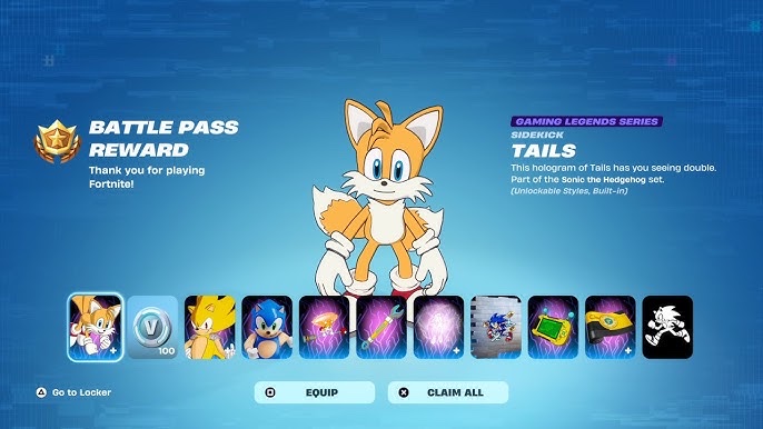 Fortnite Battle Pass reward screen with Tails and a row of Sonic-themed items