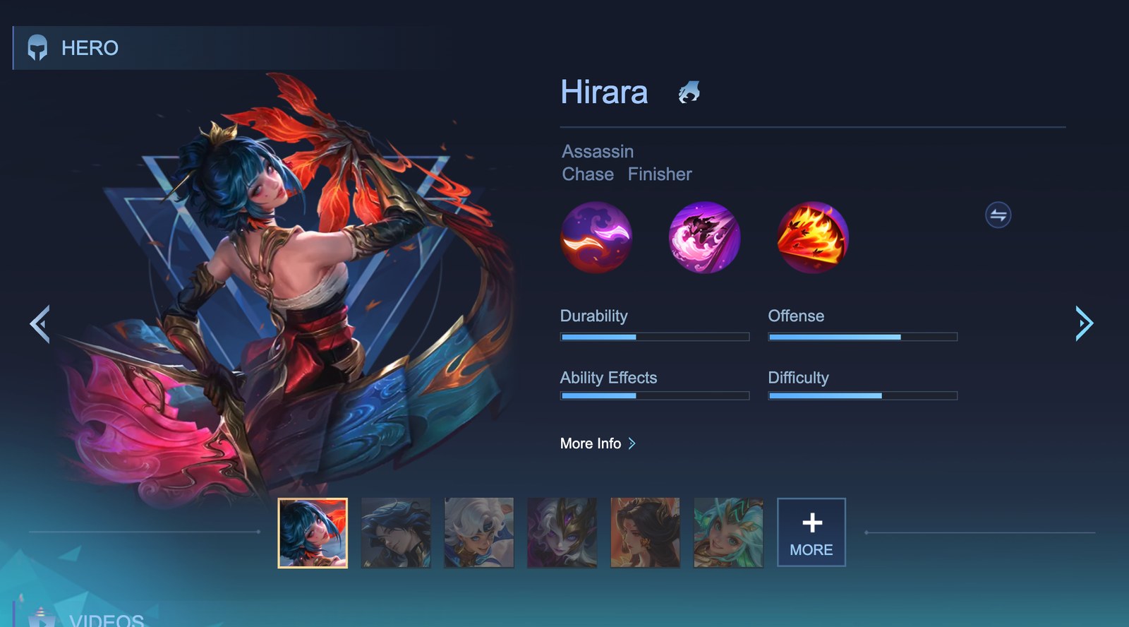 Ficha oficial de Hirara, asesina de Mobile Legends, con sus habilidades y estadísticas