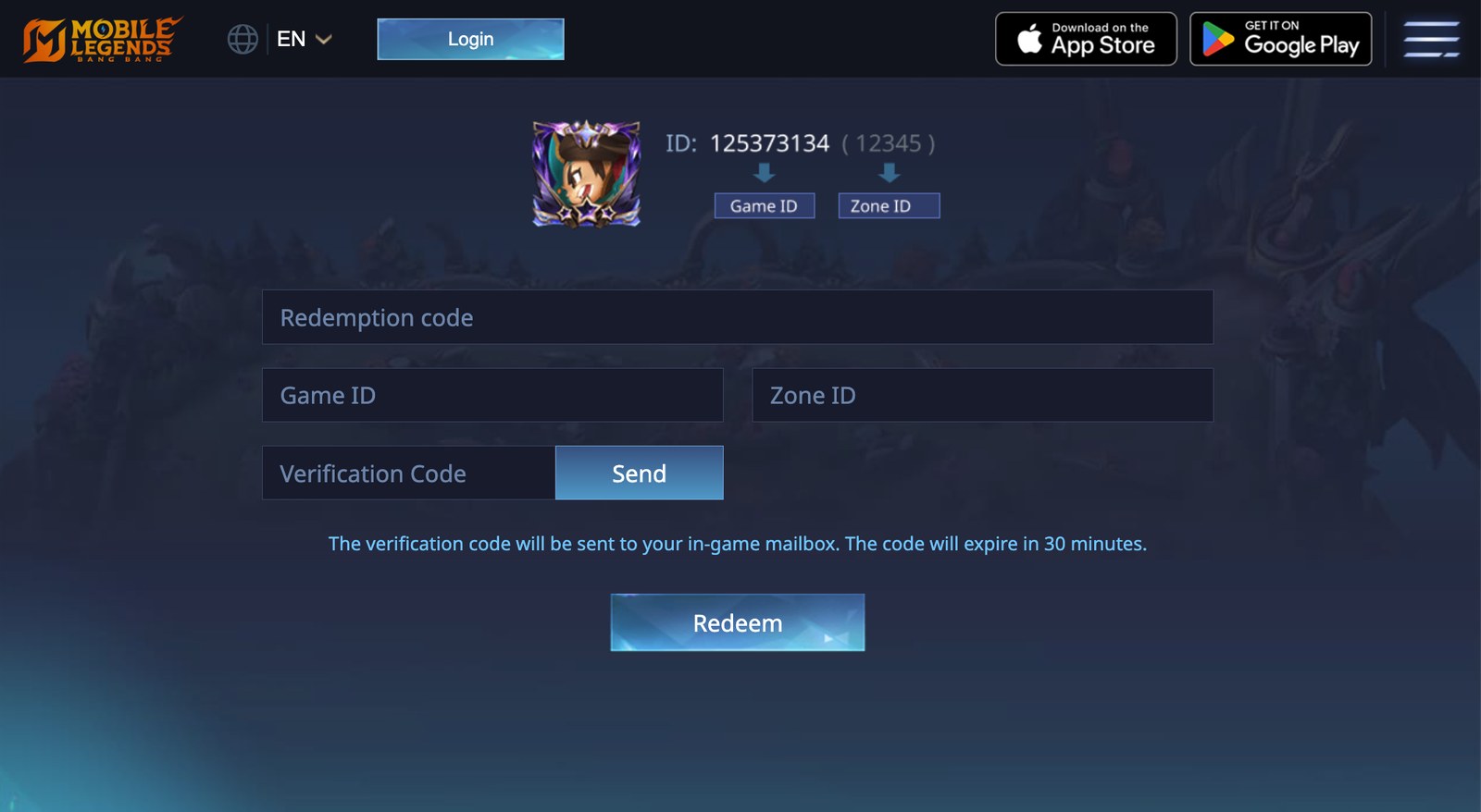 Formulario oficial de canje de códigos de Mobile Legends, con los campos de código, ID de juego y zona