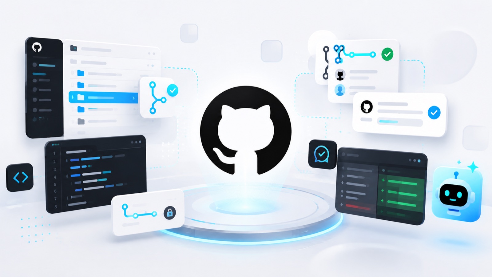 Ilustración de GitHub conectado con herramientas de inteligencia artificial