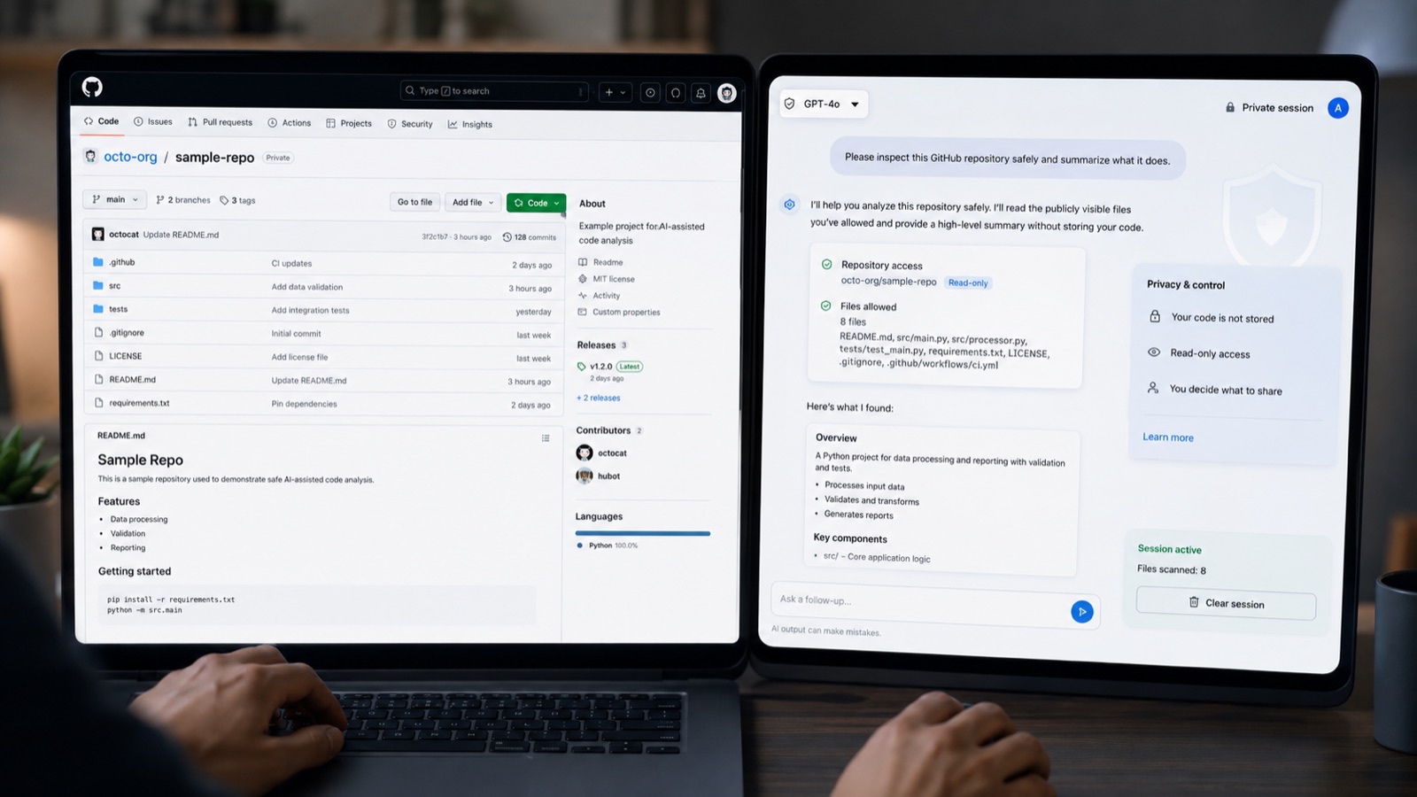 Repositorio de GitHub junto a una consulta de ChatGPT con acceso de lectura