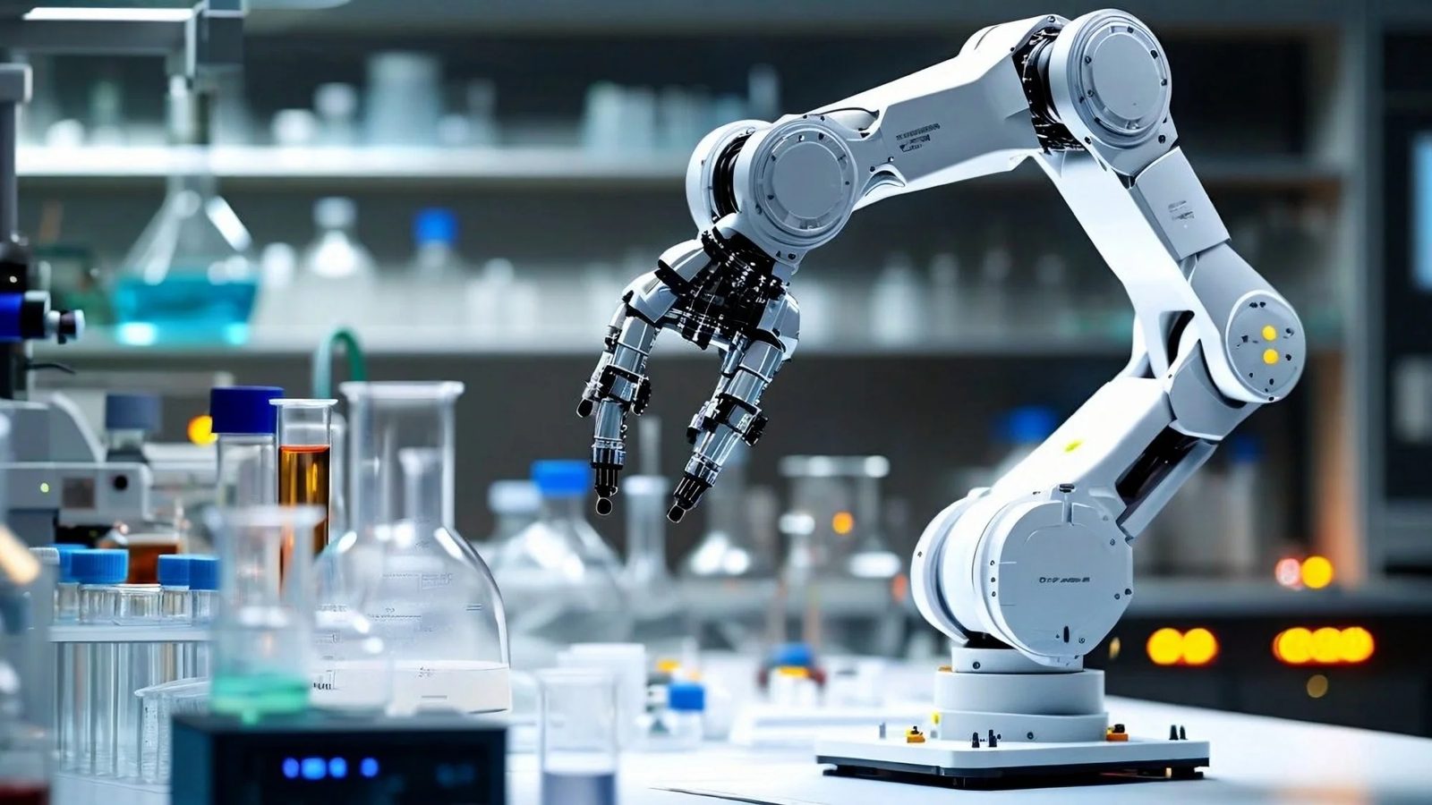 A robotic arm handles laboratory equipment among flasks and test tubes