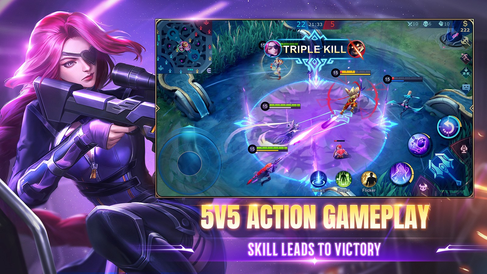 Captura de la ficha oficial del juego con una partida cinco contra cinco junto a una heroína francotiradora