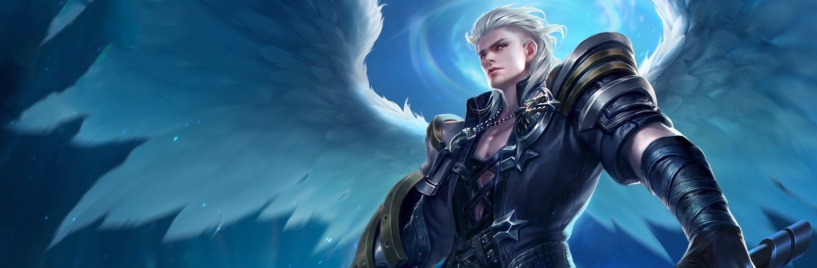 Alucard, con alas de ángel oscuro, en el banner que BlueStacks dedica a Mobile Legends en su web