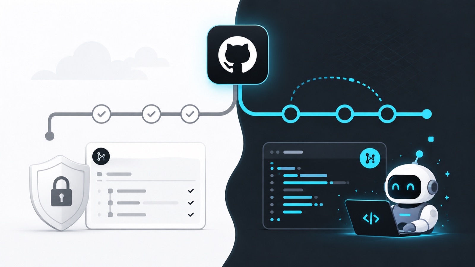 Ilustración de un agente de IA trabajando en una rama separada de GitHub