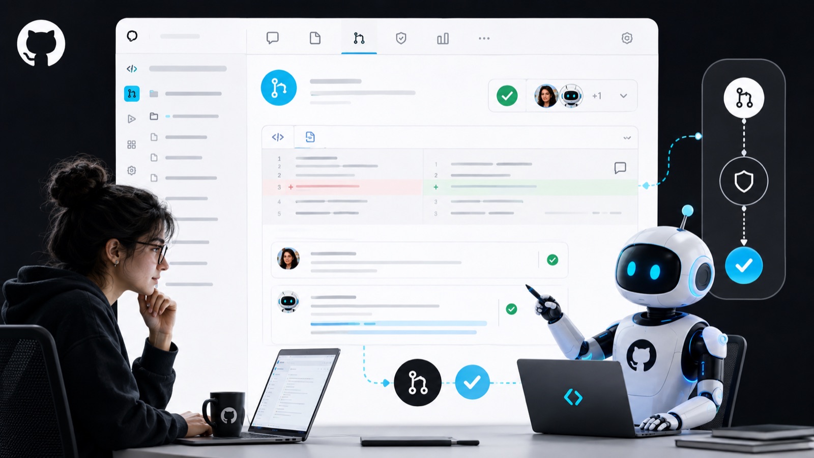 Persona revisando con un agente de IA una automatización de GitHub