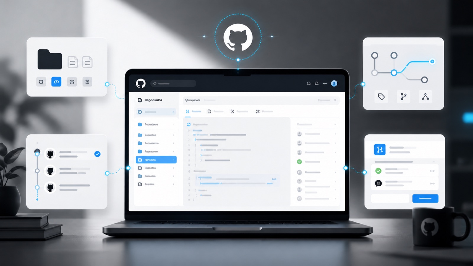 Ilustración de un workflow de GitHub con tareas, ramas y aprobaciones